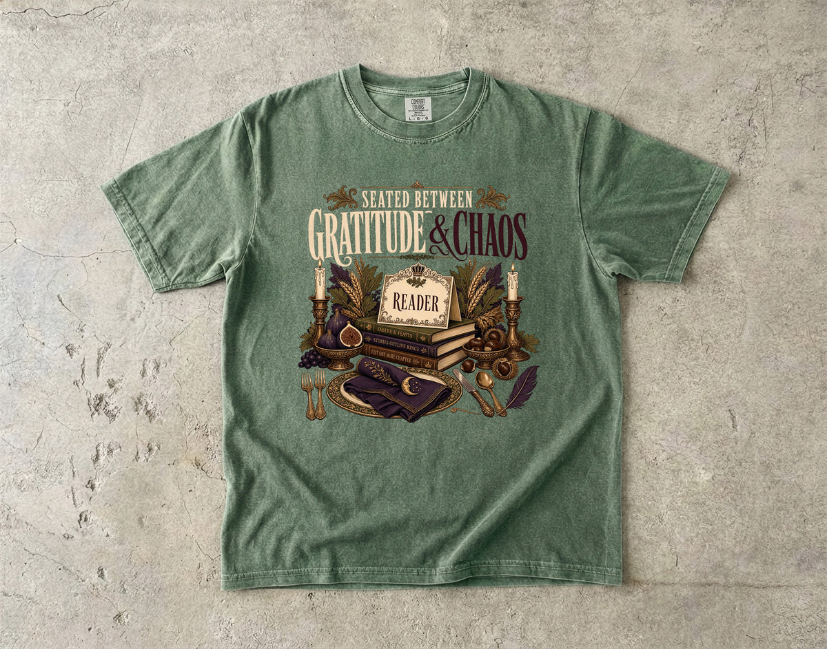 Seated Between Gratitude & Chaos Romantasy Reader T-Shirt