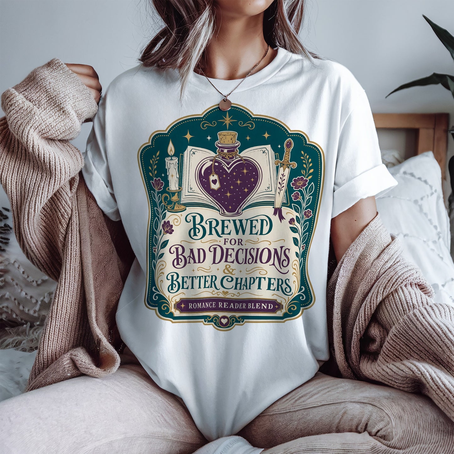 Brewed for Bad Decisions & Better Chapters Romantasy Reader T-Shirt