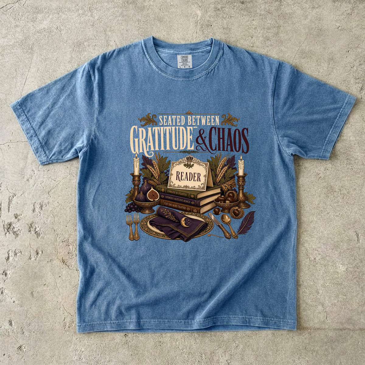 Seated Between Gratitude & Chaos Romantasy Reader T-Shirt