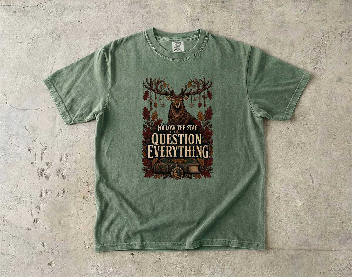 Follow the Stag, Question Everything Romantasy Reader T-Shirt